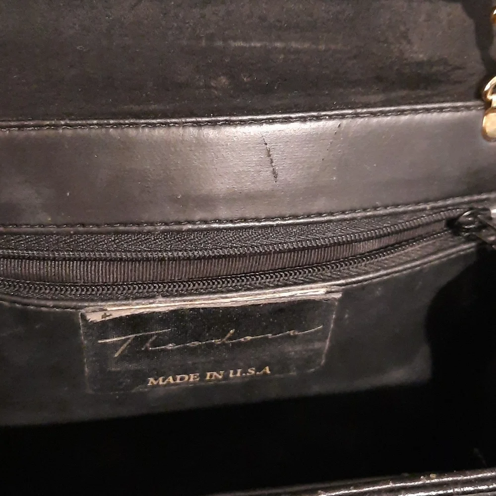 Theodora vintage USA made handbag crossbody leather shiny black auto snap